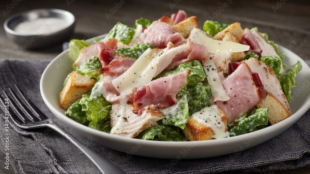 A delicious salad featuring greens, croutons, meat, and cheese, served in a bowl on a textured napkin with a small bowl of dressing nearby. A delicious salad featuring greens, croutons, meat, and cheese, served in a bowl on a textured napkin with a small bowl of dressing nearby.