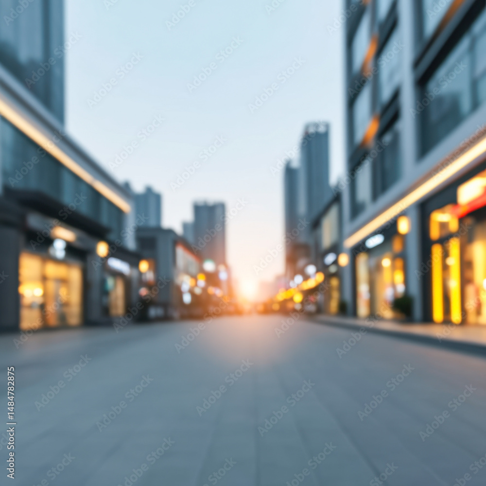 Obraz premium Urban street at sunset showcasing modern architecture and vibrant storefronts