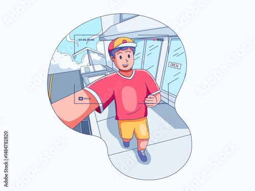 Illustration showing a person vlogging or IRL streaming while walking through an urban environment. 
The person holding a camera or smartphone to record the content.