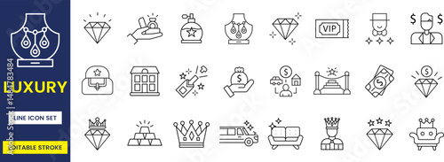 Luxury icon set, vip ticket, value, jewelry, king, car, home, gold, gem, customizable stroke, vector, illustration