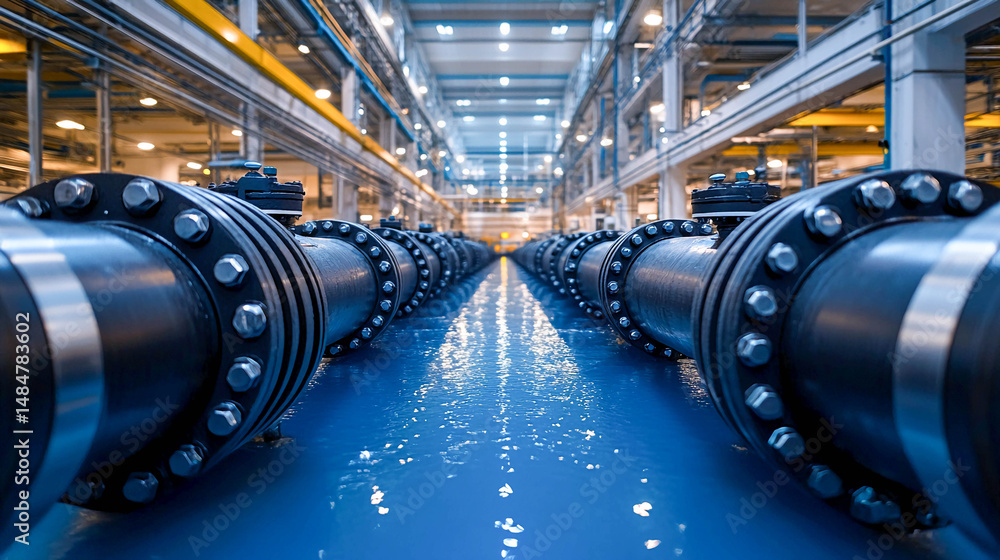 Fototapeta premium A long series of pipes extending into the future. The pipes are black, with flanges bolted together. They are located on a blue surface.
