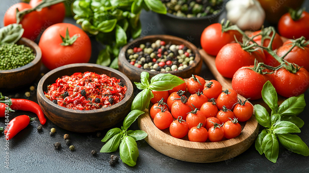 A composition of fresh vegetables, herbs and spices arranged in wooden bowls and on a dark background. A composition of fresh vegetables, herbs and spices arranged in wooden bowls and on a dark background.
