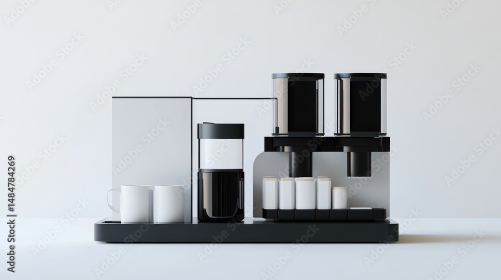 Modern coffee machine setup with minimalist design elements on a white surface