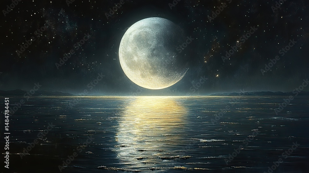Gleaming obsidian surfaces reflect the distorted image of a full moon hanging in a velvet sky dotted with distant stars Gleaming obsidian surfaces reflect the distorted image of a full moon hanging in a velvet sky dotted with distant stars