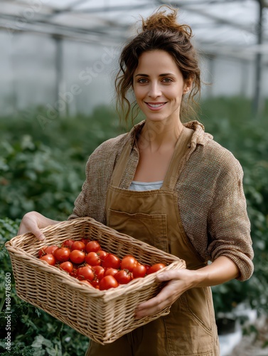 Farmer Woman Holding Basket of Fresh Ripe Tomatoes in Orchard, Sustainable Agriculture, Organic Produce, Rural Lifestyle, Healthy Food.