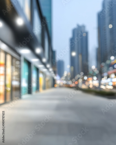 Urban street at dusk with blurred storefronts and city lights in a modern skyline setting