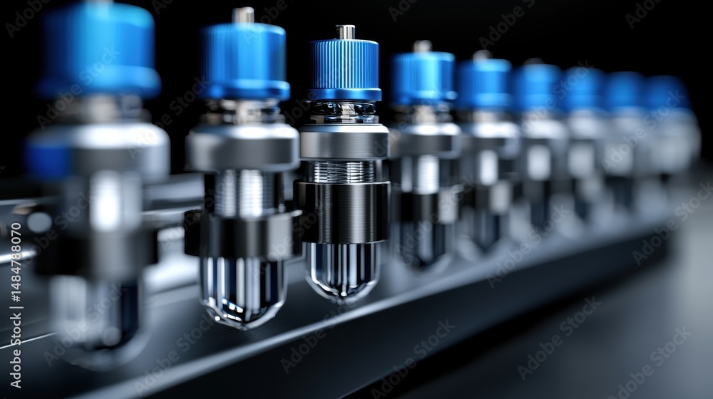 A row of blue and silver cylindrical objects with black rings and silver caps. A row of blue and silver cylindrical objects with black rings and silver caps.