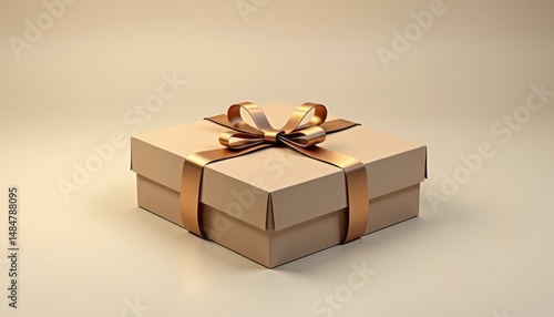 Elegant Beige Gift Box with Bronze Bow in Minimalist Style in Monochromatic Beige for Gifting or Celebration