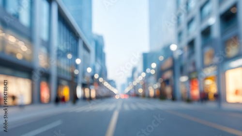 City street with blurred lights and buildings at dusk during a quiet evening