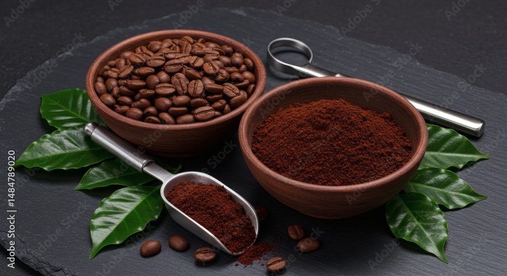 Roasted Coffee Beans and Ground Coffee in Bowls with Green Leaves Roasted Coffee Beans and Ground Coffee in Bowls with Green Leaves