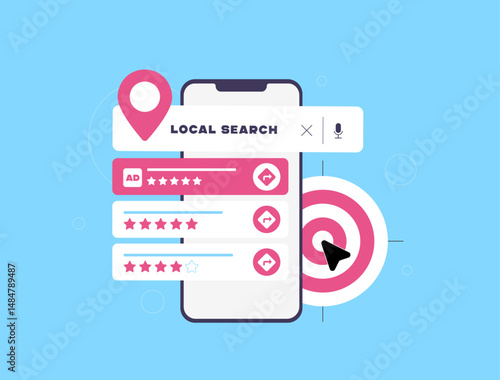 Targeted mobile advertising - hyperlocal marketing, local business rankings, mobile advertising interface, search result interface and near me strategy local digital marketing vector illustration