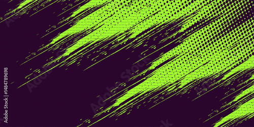 Halftone green dots pattern and purple gradient grunge texture background. Dotted line comic sport style vector illustration