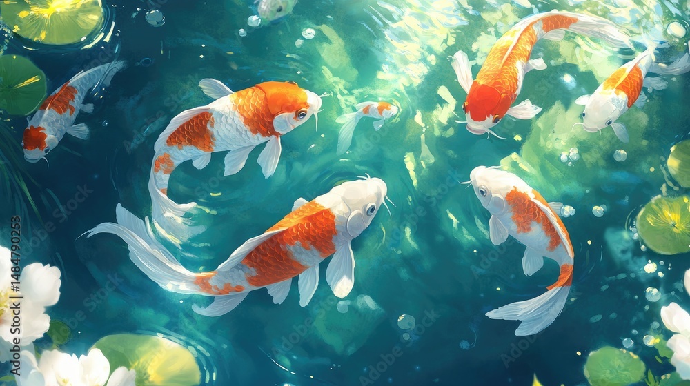 Fototapeta premium Artistic illustration of colorful koi fish swimming gracefully in a tranquil pond setting