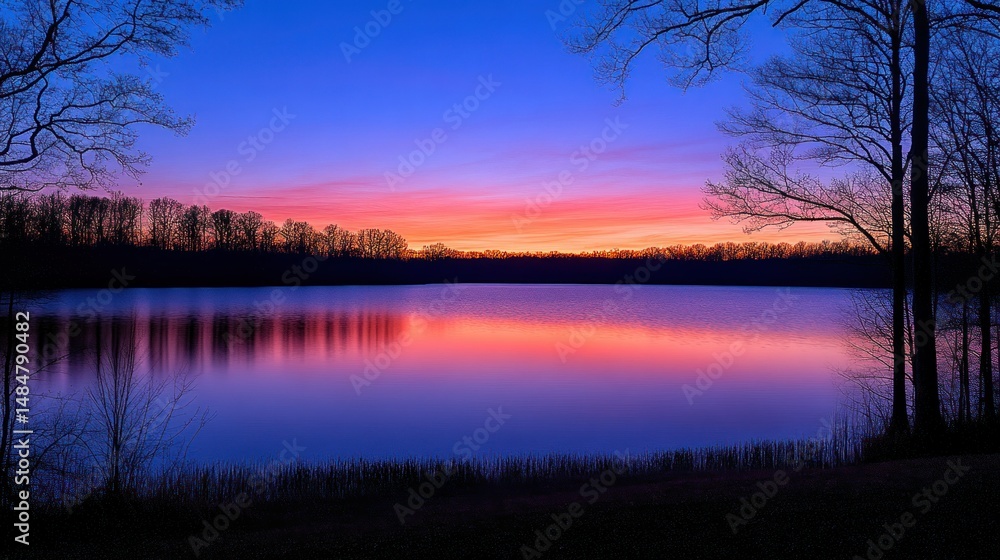 Fototapeta premium Serene lake sunset with vibrant colors reflected on the water. Silhouette trees frame the tranquil scene