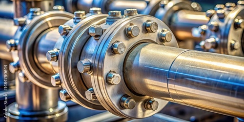 Close-up view of industrial metallic pipe system components, showcasing intricate details of polished metal flanges and robust fasteners secured with numerous bolts