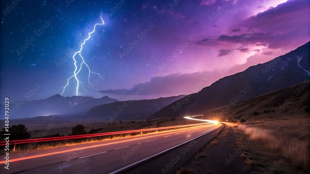 Fototapeta premium Road to the Storm Epic Night Scene with Lightning