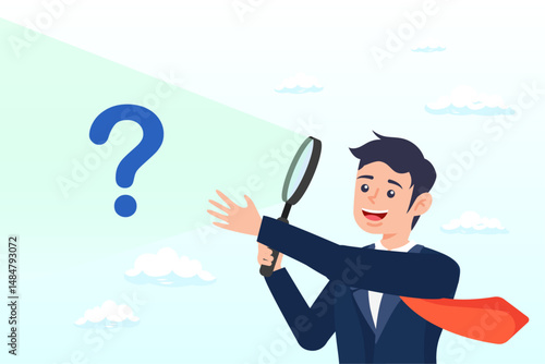 Businessman analyse question mark with magnifying glass, problem analysis, analyse information to find solution or answer, solving problem or trouble, challenge to think overcome difficulty concept