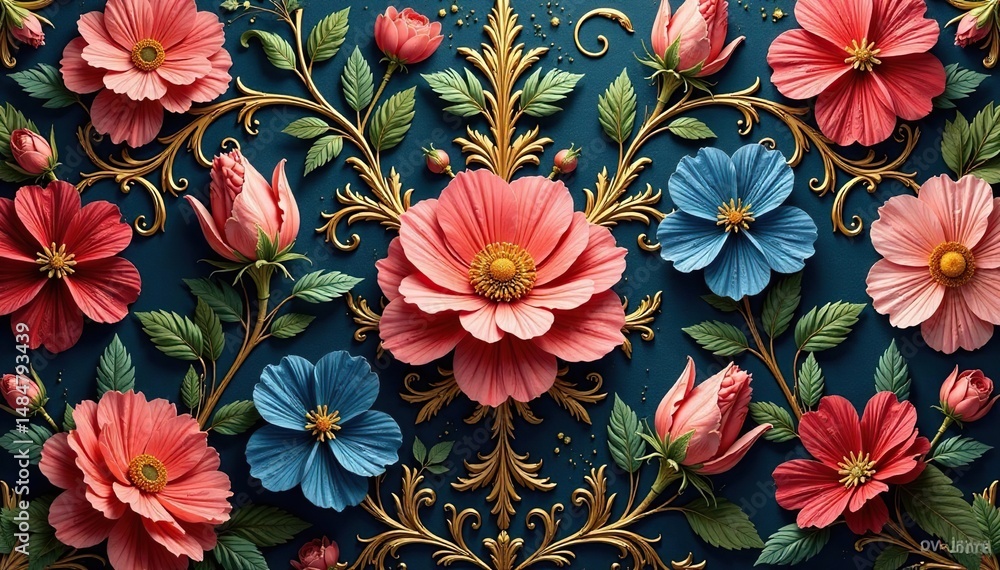 Intricate floral damask design, rich gold accents, background pattern, design, elegant Intricate floral damask design, rich gold accents, background pattern, design, elegant