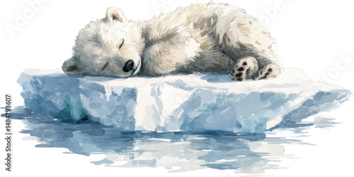 Watercolor painting of a cute and adorable baby polar bear cub sleeping on an ice floe