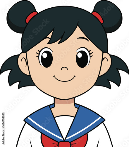 Cartoon illustration of a smiling schoolgirl in uniform with double bun hairstyle