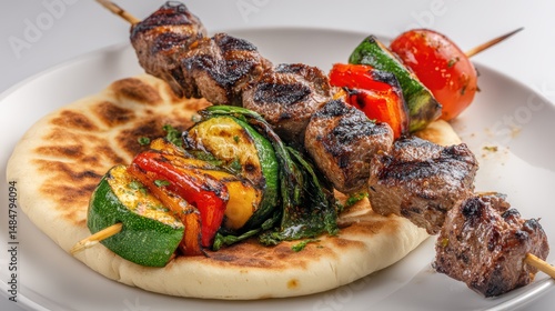 Beef Kebabs with Bell Peppers on Flatbread is a premium-quality stock image ideal for use in lifestyle blogs, health content, promotional campaigns, and editorial publications. photo