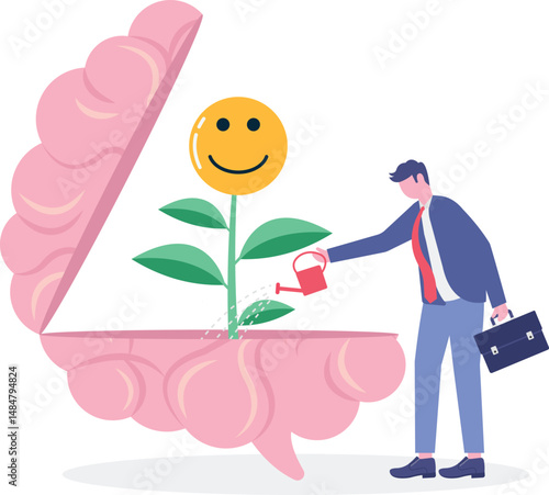 Wellbeing, happiness or positive attitude, relaxation to reduce anxiety, increasing positive emotion, feeling or mental wellbeing concept.flat design.illustration with people.
