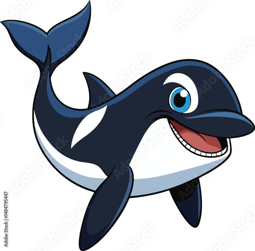 Playful cartoon orca character illustration with smiling face and cute blue eyes