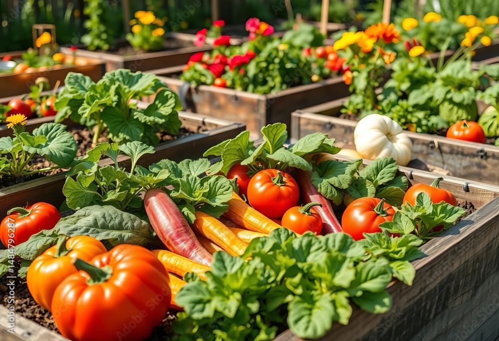 Summer vegetables thriving in raised garden beds, backyard garden, soil Summer vegetables thriving in raised garden beds, backyard garden, soil
