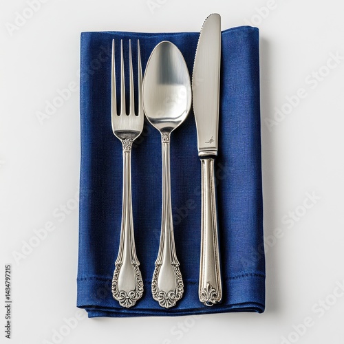 Elegant cutlery set on blue napkin