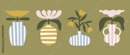 Vintage flower in striped vases vector illustrations set. Neutral colors minimalist florals clipart