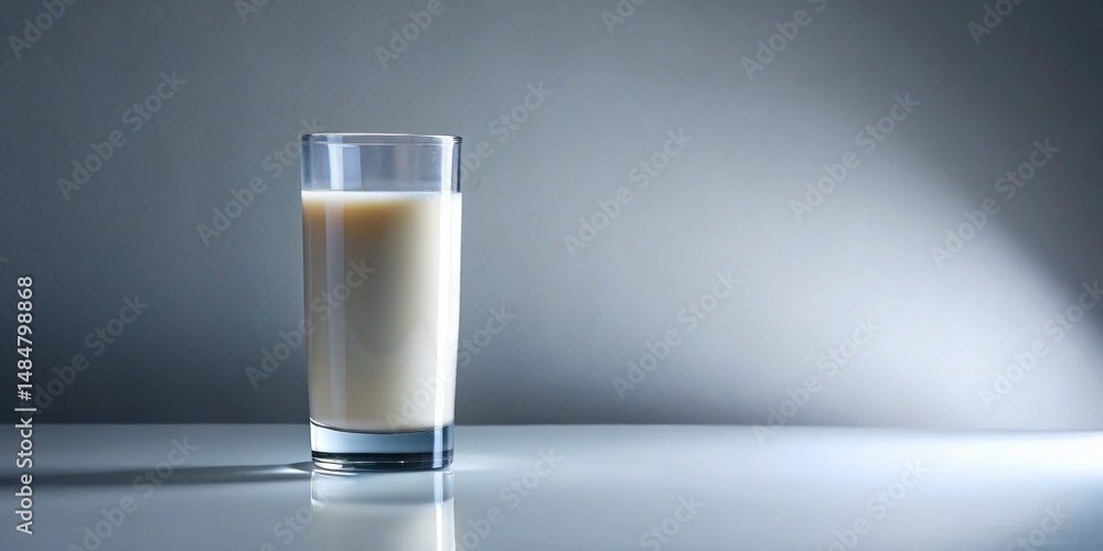 A refreshing glass of creamy milk sits on a pristine white surface against a subtly illuminated gray backdrop A refreshing glass of creamy milk sits on a pristine white surface against a subtly illuminated gray backdrop