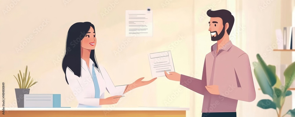 A female doctor handing a document to a male patient in a medical office illustration scene A female doctor handing a document to a male patient in a medical office illustration scene