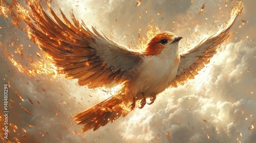 Fiery bird soars through fiery sky