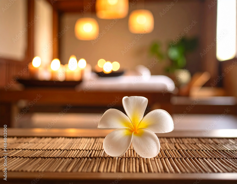 Frangipani Flower in Soft Spa Lighting with Massage Room Background, Aromatic Tropical Blossom Symbolizing Balinese Wellness, Relaxation and Holistic Therapy in a Peaceful Spa Environment