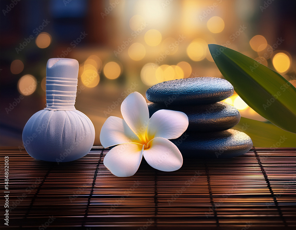 Frangipani flower, hot stones and candle in soft spa lighting with massage room background, tropical ambiance symbolizing Balinese relaxation, holistic therapy and wellness in a peaceful setting