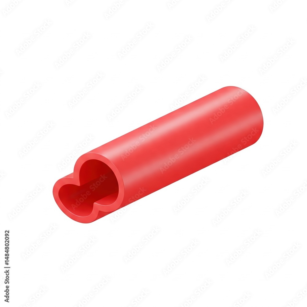 A red, cylindrical tube with a heart-shaped hollow cross-section, isolated on a white background. A red, cylindrical tube with a heart-shaped hollow cross-section, isolated on a white background.