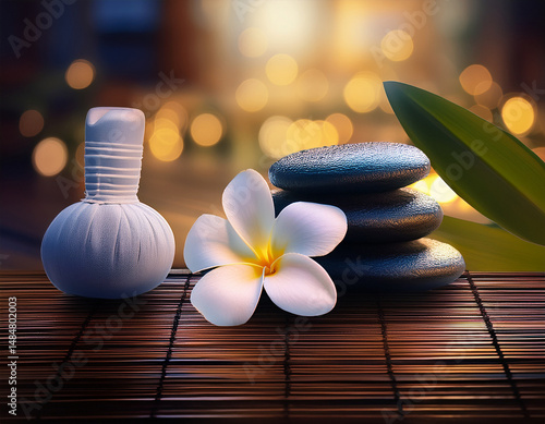 Obraz na płótnie Frangipani flower, hot stones and candle in soft spa lighting with massage room background, tropical ambiance symbolizing Balinese relaxation, holistic therapy and wellness in a peaceful setting w salonie