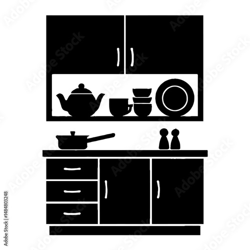Kitchen interior design black silhouette vector illustration kitchenware and furniture design element