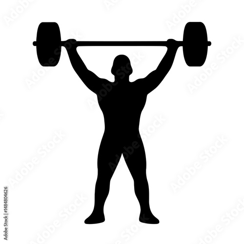 Weightlifting silhouette of man lifting barbell overhead for fitness and strength training exercise