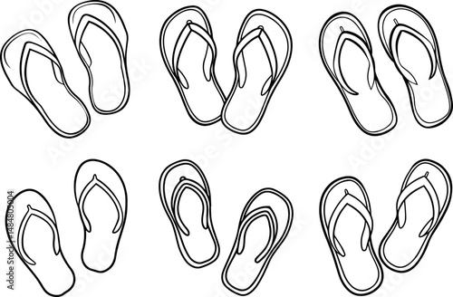  Set of flip flop scattered black outline vector and illustration, coloring book page
