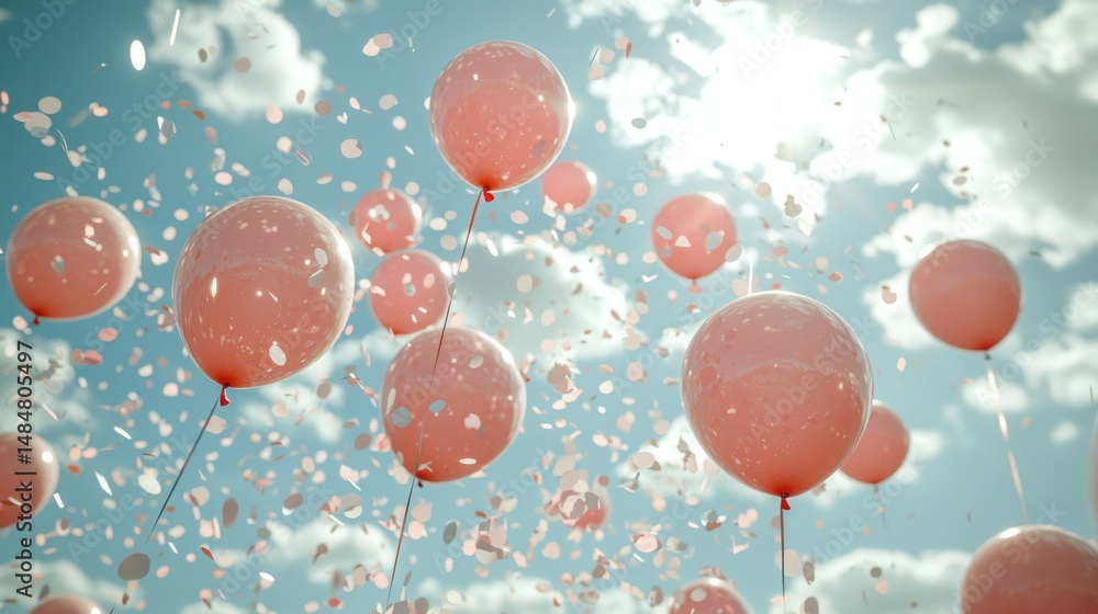Fototapeta premium Pink balloons floating in the sky, confetti falling