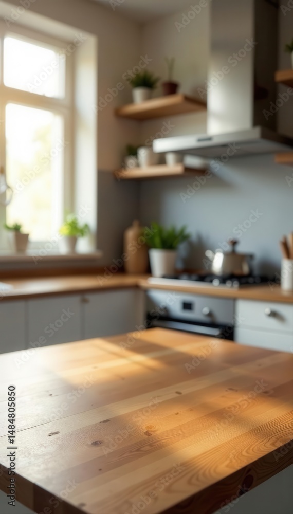 Fototapeta premium Polished wooden kitchen surface, blurred modern kitchen background, window light, background, domestic, modern