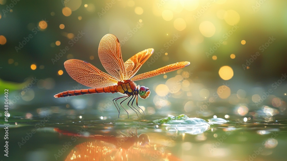 Naklejka premium Radiant dragonfly poised over water