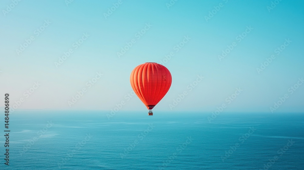 Obraz premium Red hot air balloon floats over tranquil ocean
