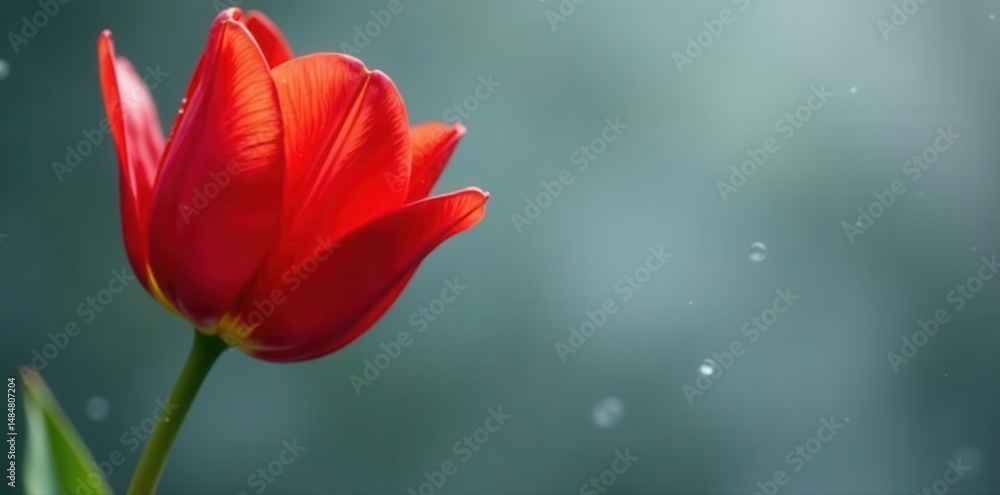 Obraz premium Single red tulip, glistening raindrops, soft grey background, spring, background