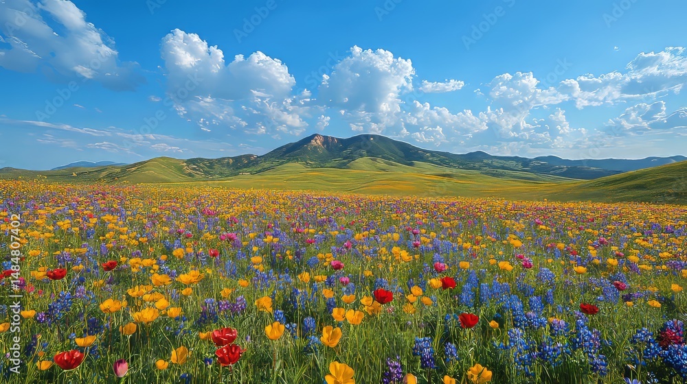 Fototapeta premium Vibrant Flower Field with Colorful Blooms and Scenic Blue Sky
