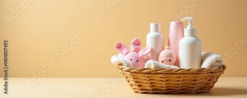 Soft baby products in woven basket, beige backdrop, pampering, products, texture