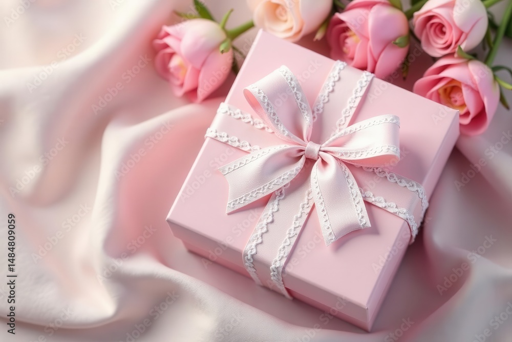 White lace trim & tiny bow embellish a light pink gift box , minimal, summer, pink White lace trim & tiny bow embellish a light pink gift box , minimal, summer, pink