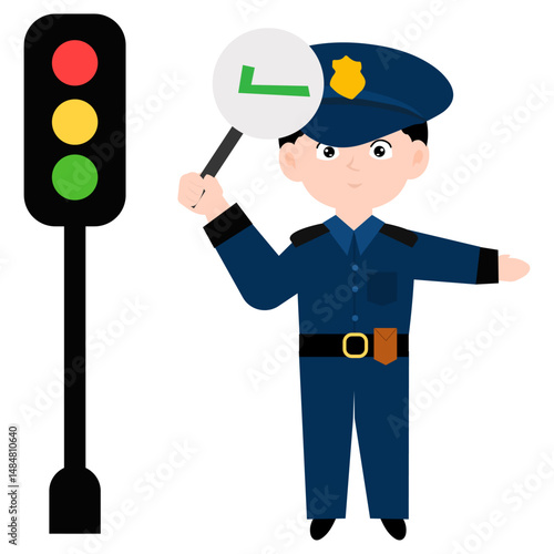 police character element design.  Police officer characters in uniform with professional equipments, badge, handcuffs and walkie-talkie, truncheon