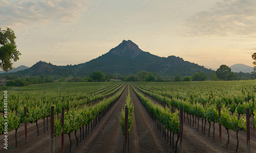 Naklejka premium Serene vineyard landscape at sunset, rows of grapevines stretching towards a majestic mountain under a soft, pastel sky.